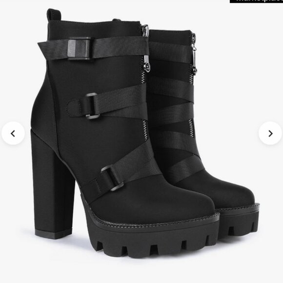 Wet Kiss Black Lycra Heeled Combat Platform Booties w/Straps EUC - Picture 2 of 13